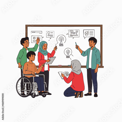 Diverse young professionals collaborate on innovative ideas, fostering teamwork and inclusive problem-solving in a modern office setting.