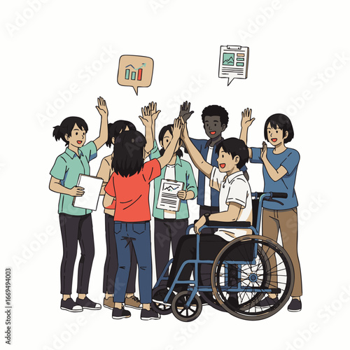 A diverse and inclusive team, featuring a person in a wheelchair, joyfully high-fives to celebrate successful collaboration and shared achievements.