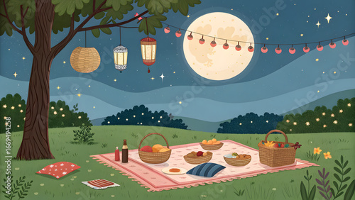 Picnic Under the Moon: A charming evening scene unfolds as a picnic is set up under the gentle glow of a full moon, string lights, and hanging lanterns.