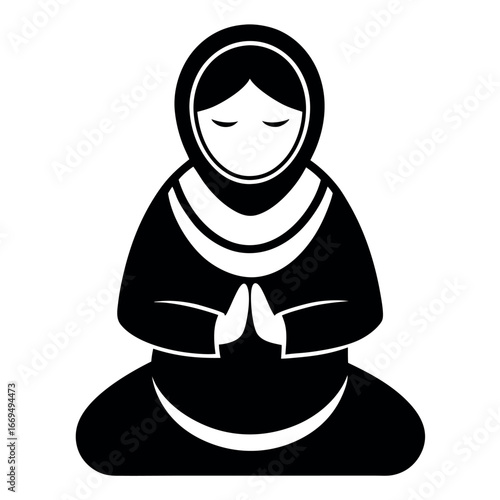 Stylized Silhouette of Woman Meditating in Hooded Garment with Hands in Prayer