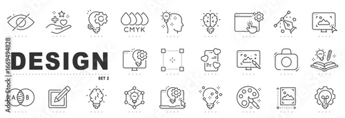 Minimal design icon set for graphic editors: vector outline symbols of creativity, CMYK, UI UX, prototype, layout, palette, photo, gear