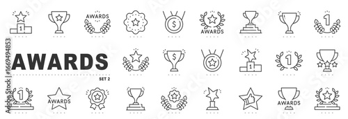 Outline award icon set featuring trophies, medals, stars, laurels, podiums, winners, ranking badges, certificates, ribbons; vector editable stroke, success celebration