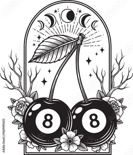 Vector illustration of cherries combined with billiard balls and moon phases