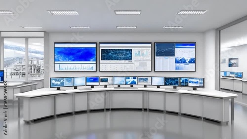 Modern Command Center: A sleek, minimalist interior design showcasing multiple screens displaying data visualization. The arrangement suggests a high-tech hub of information, innovation, and control.