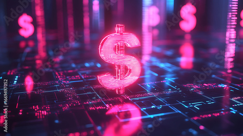 Digital dollar symbol with glowing circuits, representing finance and technology innovation.