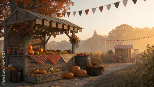 Harvest Market Scene: A rustic, charming market scene brimming with autumn bounty, with pumpkins and vibrant seasonal produce, under a golden autumn sky.