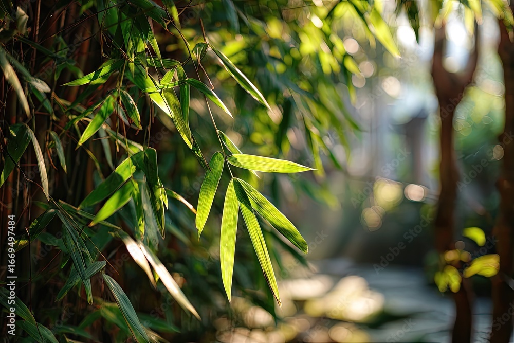 Fototapeta premium Lush bamboo leaves bathed in sunlight