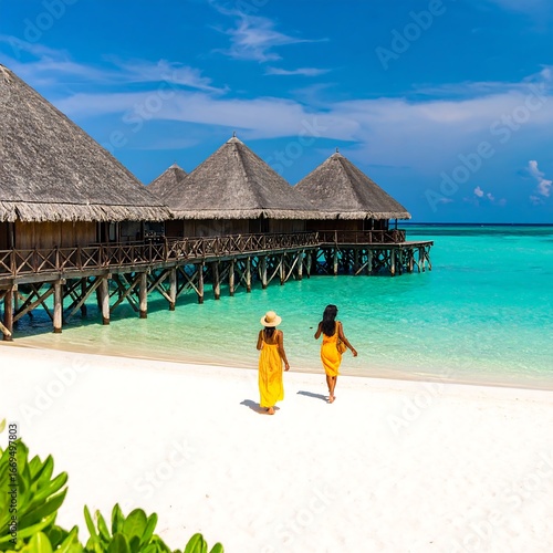 Two women on tropical beach, walking towards overwater bungalows