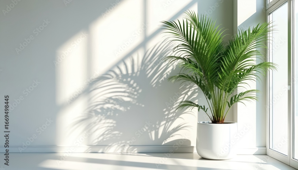 Obraz premium Potted palm plant with vibrant green leaves casts dynamic shadows on clean white wall. Sunlight streams through window, creating bright, airy atmosphere. Indoor plant adds touch of modern minimalist