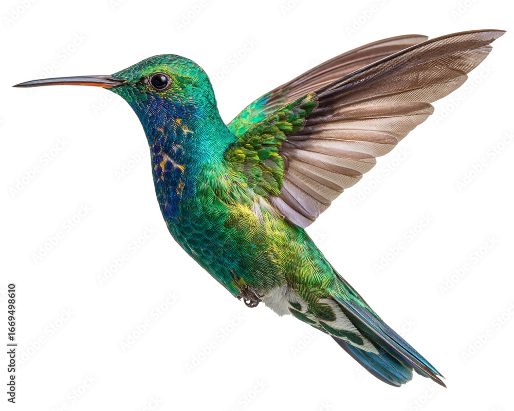 Obraz premium Beautiful hummingbird mid-flight isolated on white background