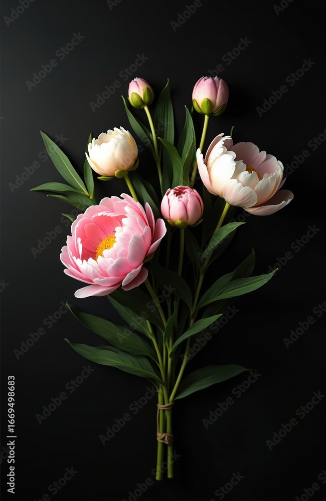 Fototapeta premium Minimalistic bouquet of pink and white peony flowers with green leaves on dark background. Vertical composition, flat lay highlights delicate bloom, bud, and stem, tied with twine.