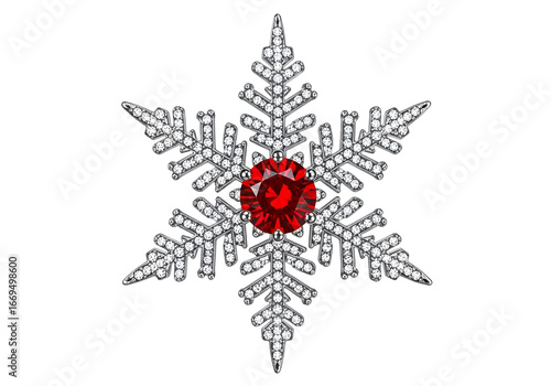 A dazzling, intricate snowflake ornament, studded with sparkling diamonds and a brilliant red gemstone, stands out against a dark backdrop.