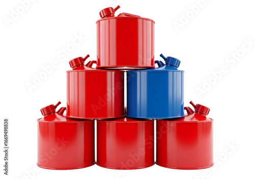 Stacked red and blue fuel containers against a black backdrop, creating a visually appealing geometric composition.