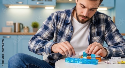 A man sorting pills into a pill organizer.