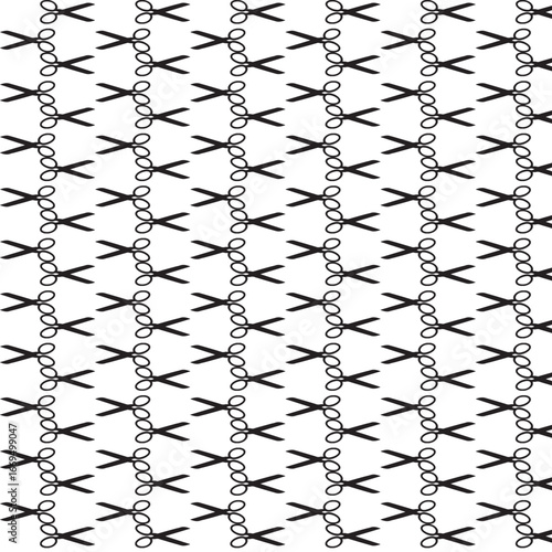Creative seamless pattern featuring black scissors icons on a white background. Perfect for textile design, fabric prints, wallpaper, gift wrapping, packaging, stationery, digital backgrounds, and dec