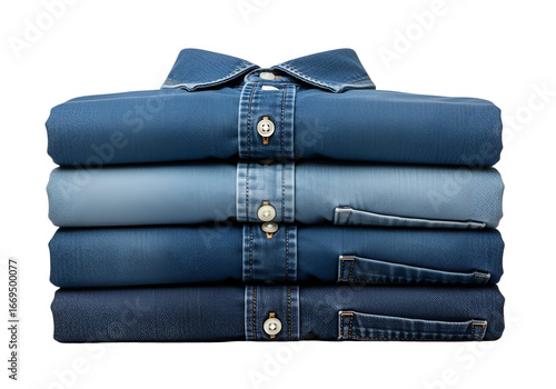 Stacked denim shirts in various shades of blue against a black background showcase the range of color variations.