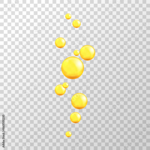 Realistic 3D golden oil bubbles and droplets set. Flying serum capsules for cosmetic, skincare, vitamins, or organic essence product illustration