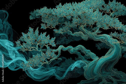 Teal bonsai tree with smoke