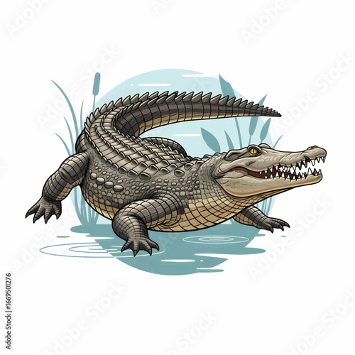 Full Body Crocodile with Swamp Habitat Circle Vector Illustration