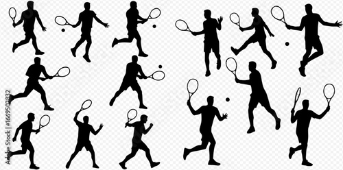 Multiple silhouettes of tennis players in various action poses, hitting balls with rackets.