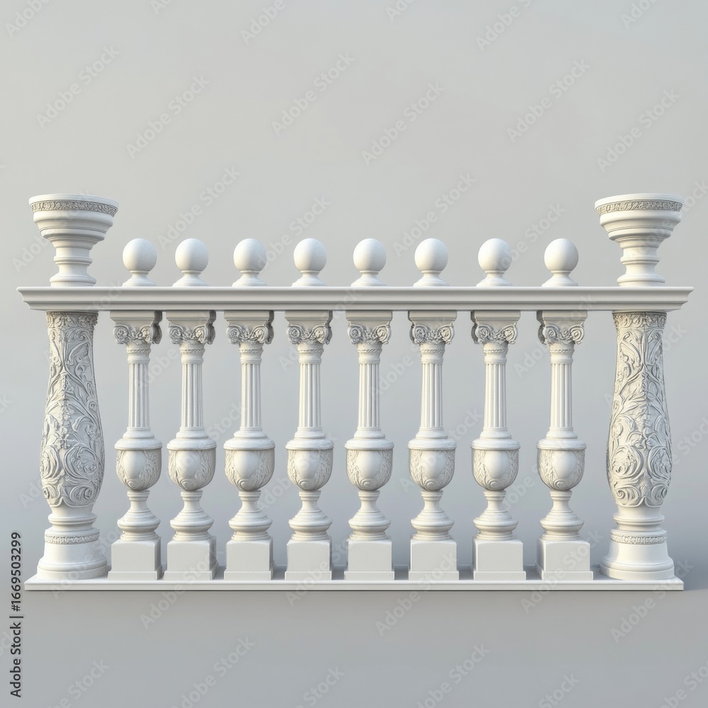 Fototapeta premium Balcony railings, fences, and low walls have decorative parts. This set shows realistic 3D pillars, posts, handrails, and bases made of white stone or marble. They look like old, classic designs. 