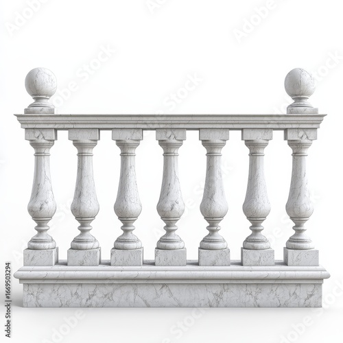 Balcony railings are key for terraces and parapets. This set shows realistic 3D designs with white stone or marble. It includes pillars, columns, handrails, and bases for a classic fence.
