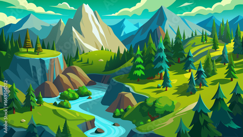 Vector art of scenic mountain landscape with lush green valley, winding river, and dense forest, a perfect destination for outdoor adventure and nature exploration