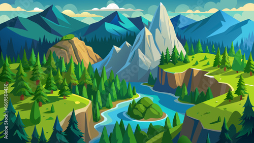 Vector art of majestic mountain landscape with a winding river cutting through a lush valley, surrounded by towering peaks and verdant forests under a clear sky