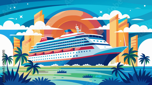 Vector art of embark on a luxurious cruise adventure with this colorful illustration of a cruise ship sailing towards a vibrant city skyline at sunset