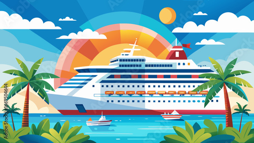 Vector art of a cruise ship glides through turquoise waters, framed by palm trees and a colorful sunset, inviting you on a tropical island vacation adventure
