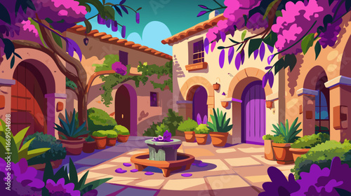 Vector art of charming courtyard with traditional architecture, vibrant flowers, and lush greenery creates a picturesque scene in a quaint mediterranean town