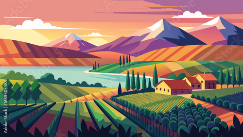 Vector art of idyllic countryside landscape with vineyards, mountains, and a serene lake under a vibrant sky, showcasing the charm of rural life and natural beauty