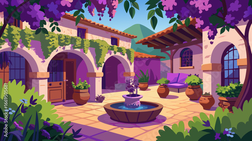 Vector art of charming courtyard with a fountain, lush greenery, and traditional architecture, creating a serene and inviting outdoor space for relaxation