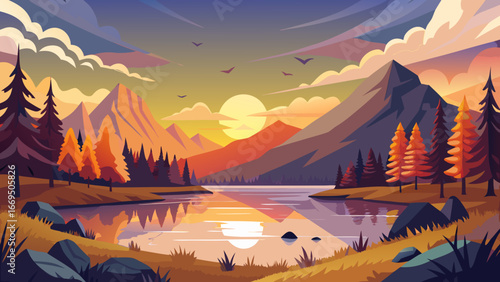 Vector art of colorful sunset landscape with mountains, lake, and forest reflecting in the water, creating a serene and picturesque scene