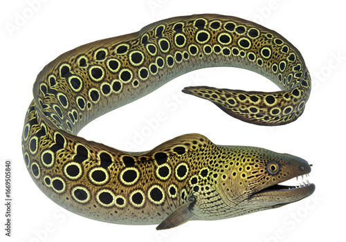 A captivating image showcasing a unique eel, its body adorned with a striking pattern of circular designs in shades of gold, brown, and black.