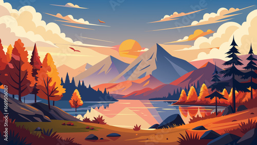 Vector art of vibrant landscape featuring mountains, lake, and sunset with colorful trees and sky, creating a peaceful and scenic nature scene for travel and outdoor enthusiasts