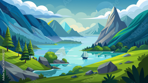 Vector art of breathtaking mountain lake landscape with crystal clear water, lush green hills, and a sailboat gliding across the water, a serene natural vista