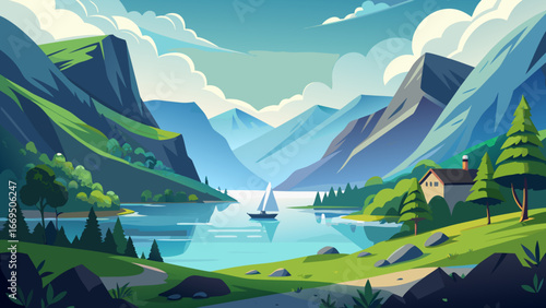 Vector art of picturesque mountain lake landscape with a charming house nestled among trees, a sailboat on the water, and majestic peaks reflecting in the calm water