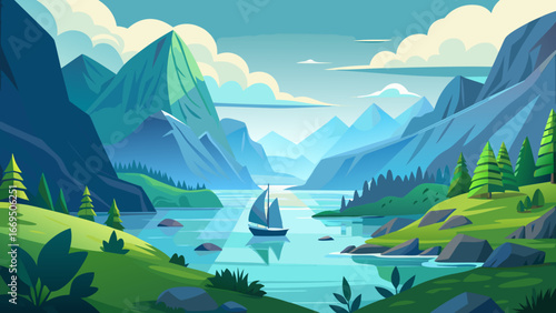 Vector art of a scenic landscape featuring a serene lake surrounded by majestic mountains, lush greenery, and a sailboat gliding across the calm water under a clear sky