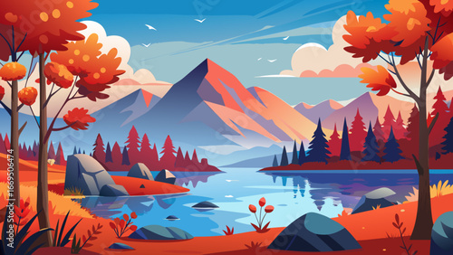 Vector art of vibrant autumn landscape featuring a serene lake reflecting majestic mountains, surrounded by colorful trees and foliage under a clear blue sky