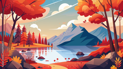 Vector art of scenic autumn landscape featuring a serene lake, majestic mountains, and colorful trees under a bright sky, creating a peaceful and idyllic scene