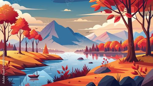 Vector art of colorful autumn landscape featuring a calm lake reflecting the surrounding mountains, trees, and sky, creating a serene and inviting outdoor scene