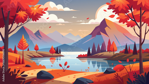 Vector art of scenic autumn landscape featuring a reflective lake with mountains, surrounded by colorful trees, creating a peaceful and picturesque environment
