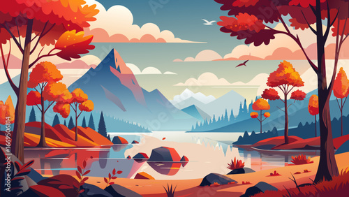 Vector art of breathtaking autumn vista featuring a tranquil lake, towering mountains, and colorful trees reflecting in the water under a cloudy sky, evoking peace and serenity