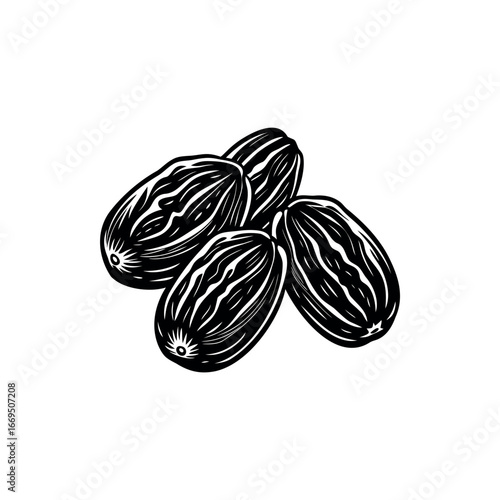 Monochrome Illustration of Dried Raisins with Decorative Lines and Simplified Details Silhouette vector