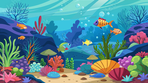 Vector art of vibrant underwater world with colorful coral reefs, playful fish, and serene sunlight filtering through the clear water, creating a captivating seascape