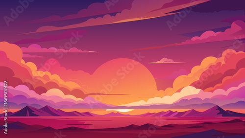 Vector art of breathtaking sunset over a serene landscape with mountains and colorful clouds, perfect for creating a peaceful and dreamy atmosphere in designs