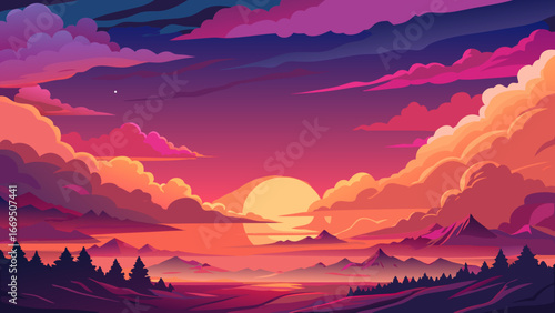 Vector art of vibrant sunset landscape with colorful clouds and mountains, creating a serene and picturesque scene in natures warm embrace, perfect for travel and escape