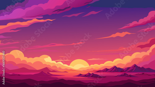 Vector art of captivating sunset landscape featuring vibrant clouds and majestic mountains, evoking a sense of tranquility and wonder in the beauty of natures colorful display