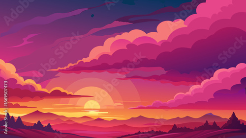 Vector art of a breathtaking vector illustration of a vibrant sunset over a mountainous landscape, with colorful clouds and a serene horizon, creating a tranquil scene